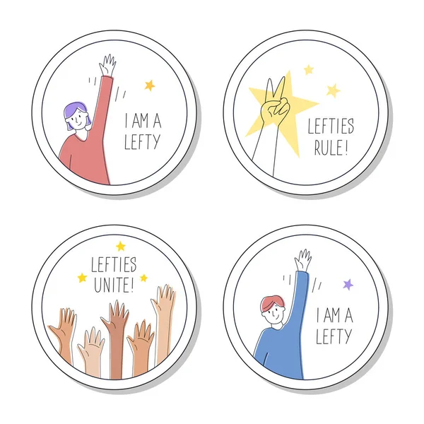 Collection of round pins or stickers for left-handed. August 13, International lefthanders day. — Stock Vector