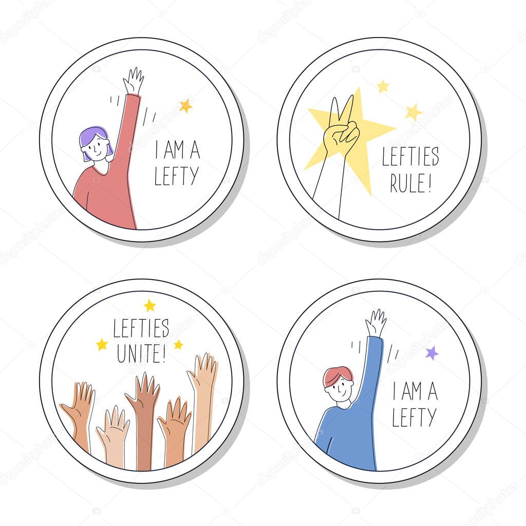 Collection of round pins or stickers for left-handed. August 13, International lefthanders day.