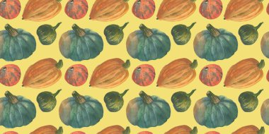 Turuncu ve yeşil kabak Dikişsiz suluboya desen arka plan ile doğal kağıt doku Eko dükkanı ve biyografi mağaza, organik gıda afiş, yoga sağlıklı gıda marka ve davet arka plan festival imzalamak için yaratıcı tasarım 