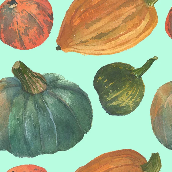Narancs Zöld Növényzet Sütőtök Zökkenőmentes Akvarell Mintás Háttérrel Természetes Papír — Stock Fotó