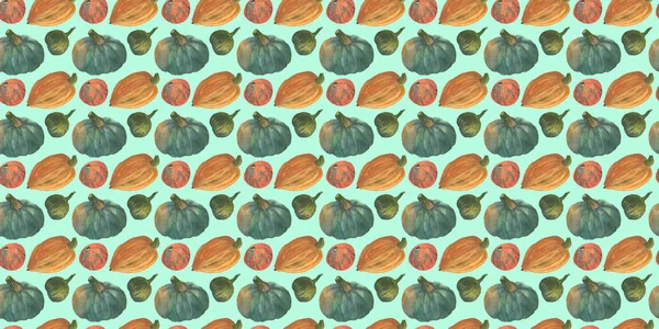 Apelsin Och Grönska Pumpor Sömlös Akvarell Mönster Bakgrund Med Den — Stockfoto
