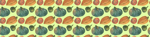 Oranje Groen Pompoenen Naadloze Aquarel Patroon Achtergrond Met Natuurlijke Papier — Stockfoto