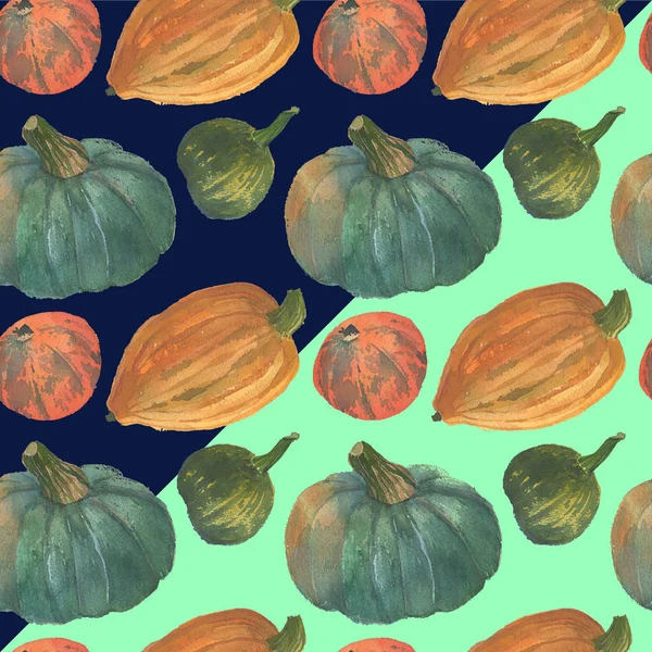 Abóboras Laranja Vegetação Sem Costura Aquarela Padrão Fundo Com Textura — Fotografia de Stock