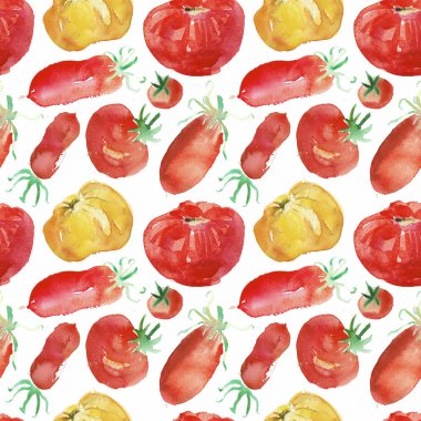 Domates Dikişsiz desen ve domates ve kağıt doku doğal bir suluboya çizimi ile sebze arka plan.