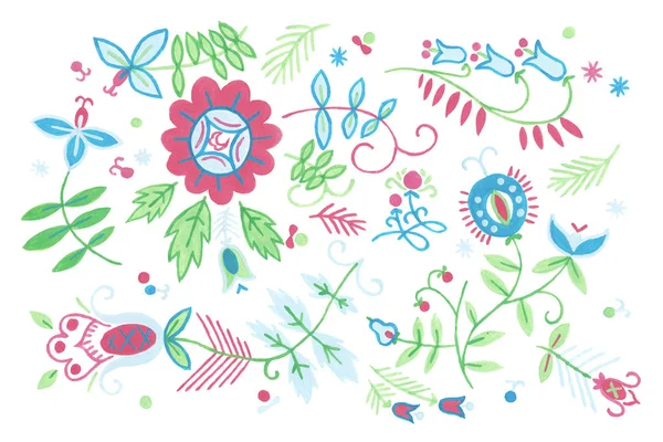 Rustikální Květinové Umění Kvaš Ilustrace Rostlinné Květiny Výzdoby Okrasné Etnickými — Stock fotografie