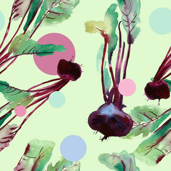 Beetroot seamless pattern, beet with watercolor illustrations, Beet pattern with leaves and purple root. Beet pattern with watercolor textures with leaves, seamless banner background with ripe beetroot, fresh beet root illustrated pattern.