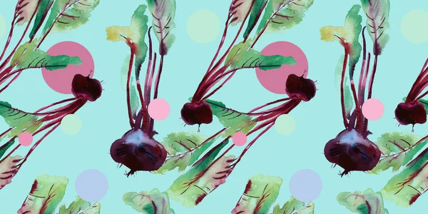 甜菜无缝图案 甜菜与水彩插图 甜菜图案与叶和紫色根 甜菜图案与水彩纹理与叶子 无缝的横幅背景与成熟的甜菜 新鲜的甜菜根说明图案 — 图库照片