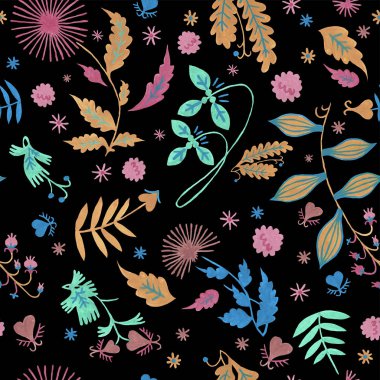 Yeşil yeşillik ve çiçek arka plan ile Çiçek desen. Güzellik ve banyo doğal ürünler için dikişsiz desen. Tekstil tasarımı nın oluşturulması için botanik folklor el boyaması guaj illüstrasyon.