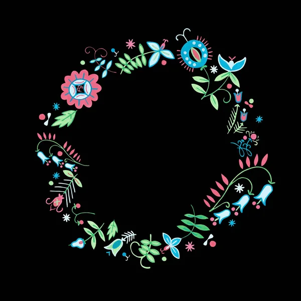 Floral wreath with green foliage and flower on black background. Flower garland for beauty & bath natural products. Botanical folklore hand-painted gouache illustration for creation of textile design.