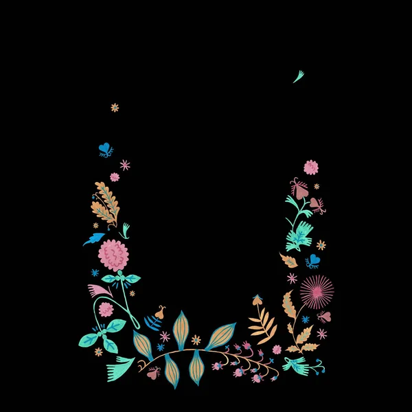 黒い背景に緑の葉と花と花のフレーム バス天然物のための花輪 テキスタイルデザインを作成するための植物民俗学手描きのグアッシュイラスト — ストック写真
