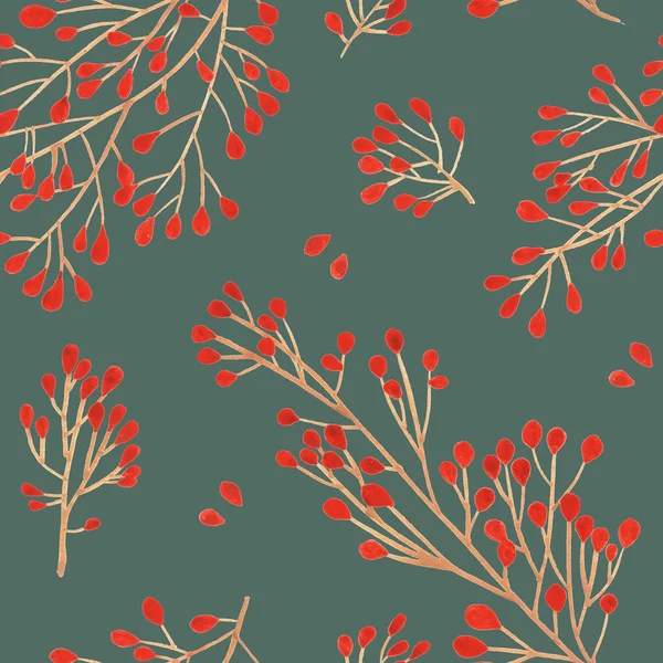 Seamless pattern with Pine cone xmas branch with red berry isolated fir on Agave green. Christmas party flyer design concept. Winter sale fair branding. New Year seasonal celebration greeting card.