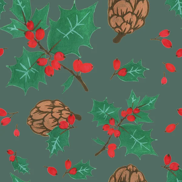 Seamless pattern with Pine cone xmas branch with red berry isolated fir on Agave green. Christmas party flyer design concept. Winter sale fair branding. New Year seasonal celebration greeting card.