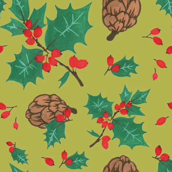 Seamless pattern with Pine cone xmas branch with red berry isolated fir on apple green background. Christmas party flyer design concept. Winter sale fair branding. New Year greeting card.