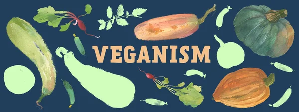 Banner Healthy food with beautiful watercolor illustrations of vegetables for vegan restaurant and Veganism blog. Panoramic ad Vegan day banner design with autumn harvest of squash, pumpkin, spices.