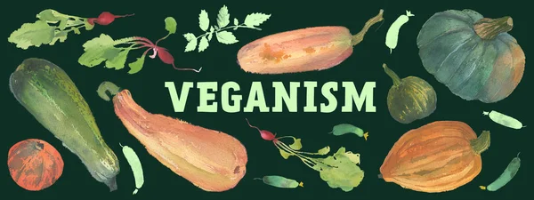 Banner Egészséges Étel Gyönyörű Akvarell Illusztrációk Zöldségek Vegán Étterem Veganism — Stock Fotó