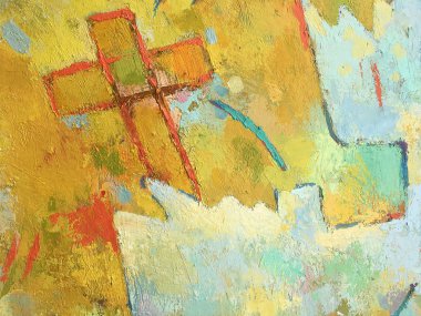 Tuval üzerinde el yapımı tarzı Hıristiyan kavramı. Christology İllüstrasyon. Hıristiyan haç sembolü ile sarı boyama arka plan. Soyut Katolik geçmişi. İncil teması için açık doku.