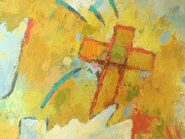 Christian concept in handmade style on the canvas. Illustration of Christology. Yellow painting background with Christian cross symbol. Abstract Catholic background. Light texture for Bible theme.