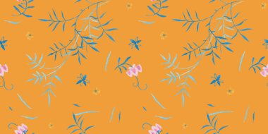 Turuncu renk modern illüstrasyon plaka dekorasyon. Çay gül ve clematis doğal yaprakları. Varicolored kadınsı kumaş tasarımı. Rönesans çiçek sanatı. Akdeniz dekoru için çiçek sizde desen