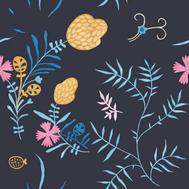 Akşam mavi desen tasarımı. Ambalaj hediye kağıt çiçek dekorasyon. El boyalı guaj zarif yaprakları ve dalları. Elegance Ortaçağ çiçek süsü. Akdeniz dekoru için çiçek sizde desen