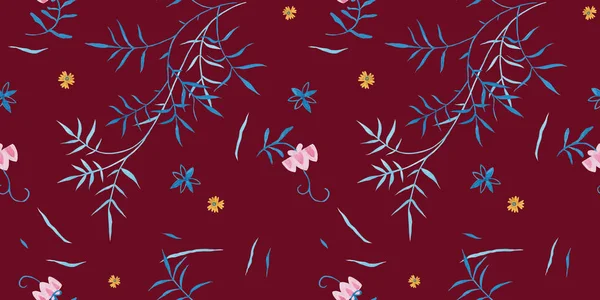 Biking red color modern illustration plate decoration. Repeating leaves, petal thorns pattern. Soulful flora expression. Mediterranean clothyard decor. Elegance plate serving seamless ornament