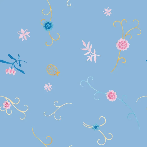 蓝石图案设计 包装礼品纸花装饰 手绘水粉优雅的叶子和树枝 优雅中世纪花卉装饰 地中海装饰的花卉无缝图案 — 图库照片