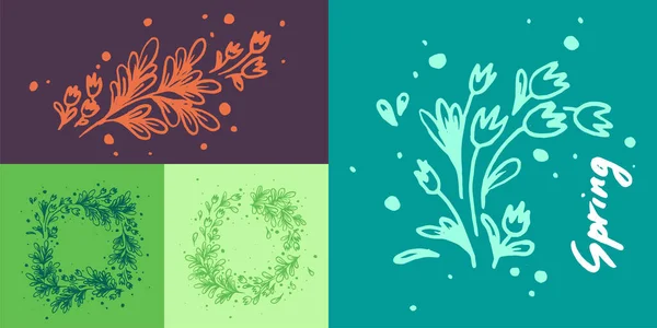 手描きの花とベクトルハーブ花輪 天然化粧品 ハーブ花輪花屋の店 花屋のロゴのイラスト 有機的な記号のための花の紋章 連句記号 チューリップの庭 — ストックベクタ