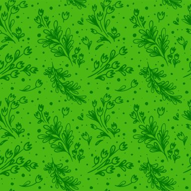 Kusursuz organik desen ve yapraklı vejetaryen arka plan. Modern süs. Ham desenli yeşil ambalaj tasarımı şablonu. Etiket tasarımı, vejetaryen yemekleri, doğal eko kozmetik ürünleri, biyoloji konsepti..