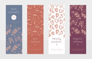 Yumuşak çiçek desenli ve elle çizilmiş kalp arkaplanlı doğal kozmetik etiket. Dikey güzellik afişi için eko kozmetik konsepti. Çevre dostu fon. Güzellik ürünleri için simgeler ayrılıyor. 