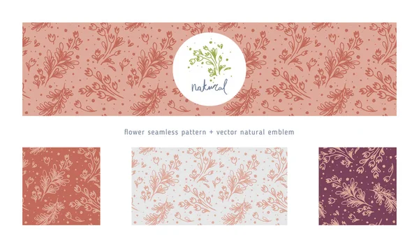 Natural cosmetic seamless pattern with tender floral ornament and hand-drawn hearts background. Eco cosmetics concept for beauty banner. Eco friendly backdrop. Icons leaves for beauty care products.