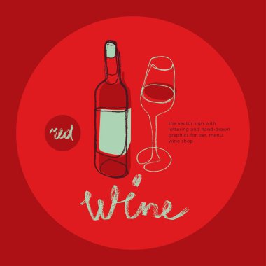 Şarap dükkanı vektör logosu tasarımı. Ev yapımı şarap için el yapımı şarap amblemi, şişe ve şarap kadehi çizimi. Biyodinamik şarap kültürü ikonu, organik bitki örtüsü imzası, şarap etiketi için şaraphane amblemi..