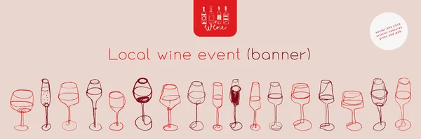 Şarap kadehleri ikonlu yatay restoran afişi moda doğrusal tarzda. Mutfak aletleri vektörüyle ev yapımı yemek pişirme. Yemek kursları afişi. Kırmızı bar posteri için şarap kadehleri, yerel şarap etkinliği