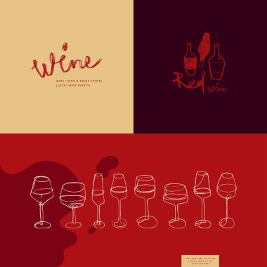 Restoran logosu tasarımı için şarap amblemleri, bar tabelası, şarap kadehlerinin moda olduğu yerel şarap etkinlikleri. Şarap evi sembolü ve şarap imgesi. Etiket ve ambalaj için logotype ve grafikler