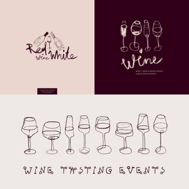 Restoran logosu tasarımı için şarap amblemleri, bar tabelası, şarap kadehlerinin moda olduğu yerel şarap etkinlikleri. Şarap evi sembolü ve şarap imgesi. Etiket ve ambalaj için logotype ve grafikler