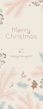 Beyaz kumlu arka planda Mutlu Noeller pankartı. Kış indirimi markası. Yeni Yıl Kutlama Kartı. Çam kozalağı, yapraklı köknar dallarıyla sınırlandırılır