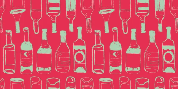 Wijn Naadloos Patroon Met Vector Fles Lineaire Illustraties Voor Restaurant — Stockvector