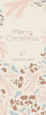 Beyaz kumlu arka planda Mutlu Noeller pankartı. Kış indirimi markası. Yeni Yıl Kutlama Kartı. Çam kozalağı, yapraklı köknar dallarıyla sınırlandırılır