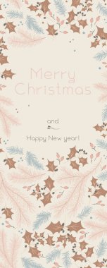 Beyaz kumlu arka planda Mutlu Noeller pankartı. Kış indirimi markası. Yeni Yıl Kutlama Kartı. Çam kozalağı, yapraklı köknar dallarıyla sınırlandırılır