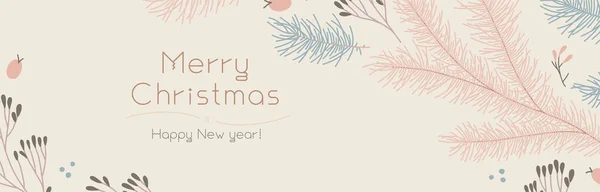 浅色背景的圣诞横幅模板 冬季展销会广告 老式新年贺卡的设计 皮涅孔圣诞全景装饰 圣诞快乐装饰与孤立的树枝 — 图库矢量图片