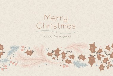 Sakin bir arka planda yılbaşı afişi. Kış indirimi fuarı broşürü. Eski yılbaşı tebrik kartı. Çam kozalağı, yumuşak süslemeler. Münzevi ağaç dalları olan eski moda Mutlu Noeller bayrağı.