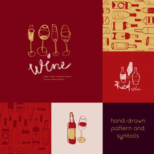 Şarap Amblemleri Şişe Şarap Kadehi Çizimleri Şarap Şişeleri Deseni Organik — Stok Vektör