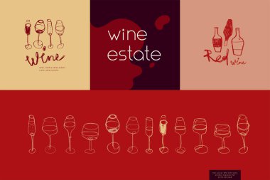 Elle çizilmiş şişe ve gözlük resimli şarap meraklısı logosu. Dükkan tabelasının şarap markası logosu, festival tasarımı ve şarap mahsulü kimliği. Şarap kulübü ve üzüm temalı çizimler.