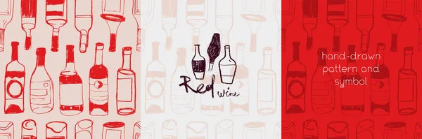 Wijnclub Logo Met Met Hand Getekende Vector Naadloze Patroon Flessen — Stockvector