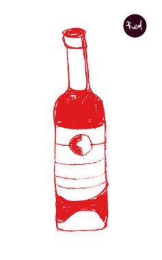 Şarap festivali için boya kalemi desenli vektör şişesi çizimi, şarap tasarımı unsuru, organik şarap konsepti, logo eklemi, üzüm bağı. Şişe taslak ikonu. Alkol şişesinin silueti..