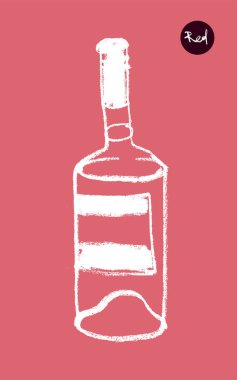 Şarap festivali için boya kalemi desenli vektör şişesi çizimi, şarap tasarımı unsuru, organik şarap konsepti, logo eklemi, üzüm bağı. Şişe taslak ikonu. Alkol şişesinin silueti..