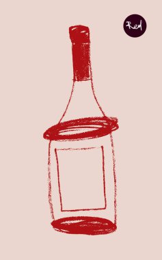 Şarap festivali için boya kalemi desenli vektör şişesi çizimi, şarap tasarımı unsuru, organik şarap konsepti, logo eklemi, üzüm bağı. Şişe taslak ikonu. Alkol şişesinin silueti..