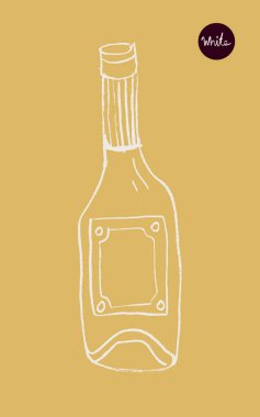 Şarap festivali için boya kalemi desenli vektör şişesi çizimi, şarap tasarımı unsuru, organik şarap konsepti, logo eklemi, üzüm bağı. Şişe taslak ikonu. Alkol şişesinin silueti..