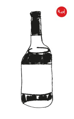 Şarap festivali için boya kalemi desenli vektör şişesi çizimi, şarap tasarımı unsuru, organik şarap konsepti, logo eklemi, üzüm bağı. Şişe taslak ikonu. Alkol şişesinin silueti..