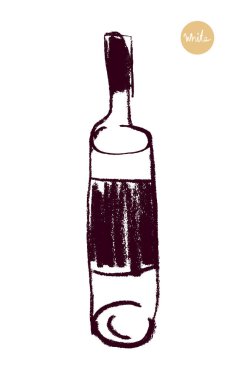 Şarap festivali için boya kalemi desenli vektör şişesi çizimi, şarap tasarımı unsuru, organik şarap konsepti, logo eklemi, üzüm bağı. Şişe taslak ikonu. Alkol şişesinin silueti..