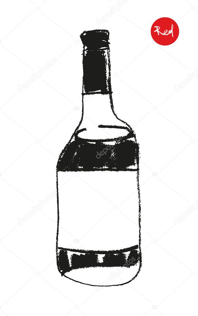 Vector bottle drawing with crayon texture for wine festival, winery design element, organic wines concept, logo viticulture, emblem vineyard. Bottle sketch icon. Silhouette of alcohol bottle.
