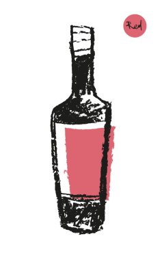 Şişe taslak ikonu, sanatsal kalem desenli, el çizimi moda bir resim. Amblem üzüm bağı, organik şarap afişi, logo şarabı, şarap festivali, bar tabelası için alkol şişesi silueti.